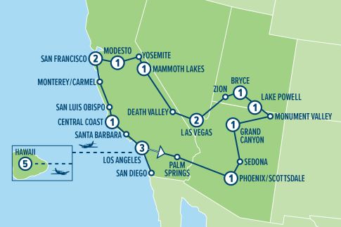 Karta för resan Västra USA med Hawaii